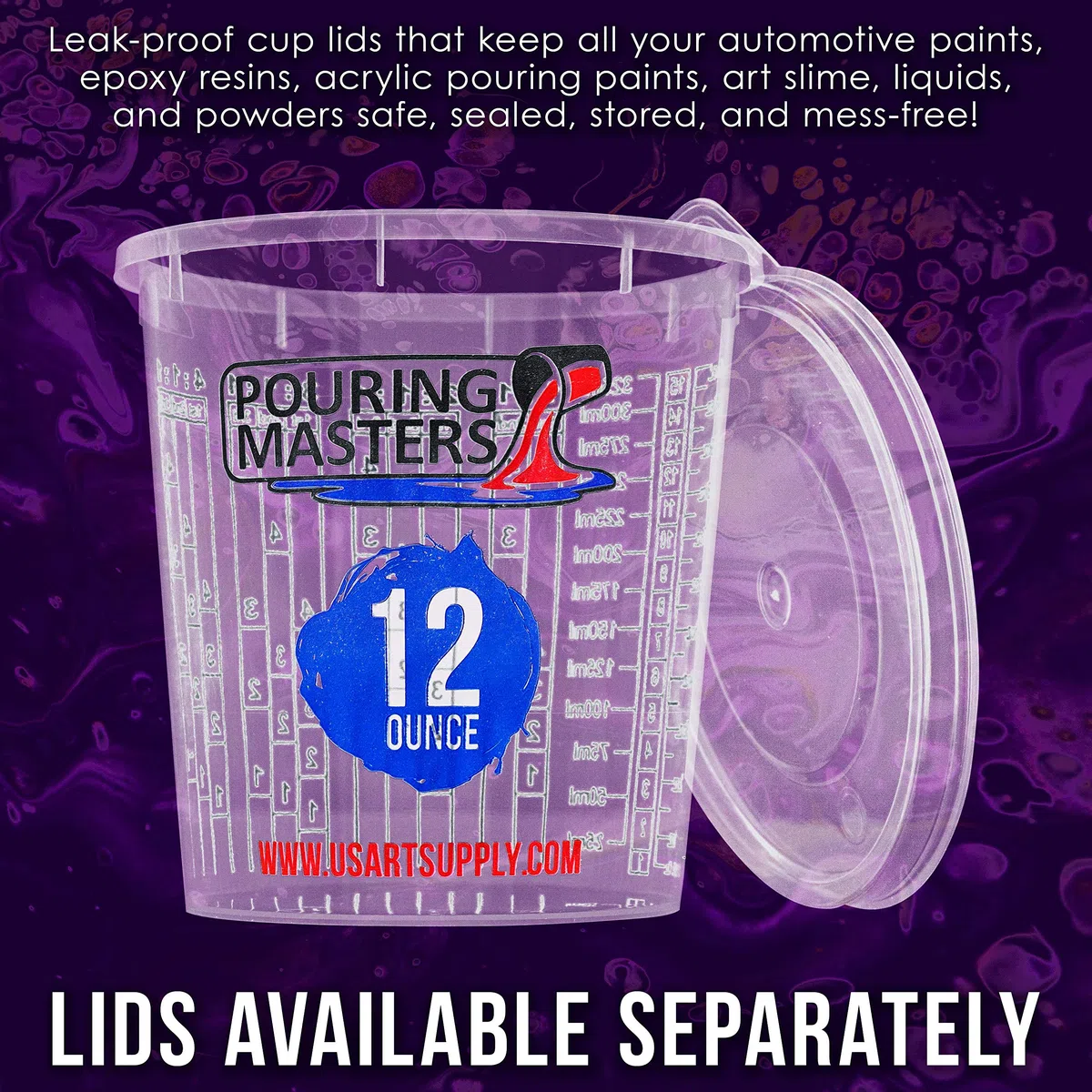 Pouring Masters Vasos de mezcla de plástico graduados de 350 ml (caja de 20) – Vasos de mezcla de pintura para resina epoxi, arte, cocina, horneado – Medidas en onzas y ml, 4 proporciones de medición