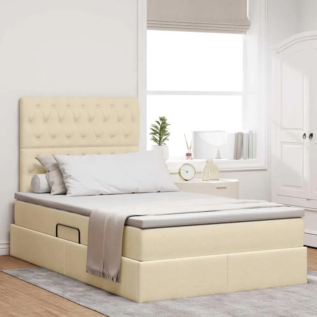 Cama de almacenamiento con colchón crema de 120 x 190 cm, material con marco de metal, cabecero, elevador lateral hidráulico, amplio espacio de almacenamiento y estante para dormitorio