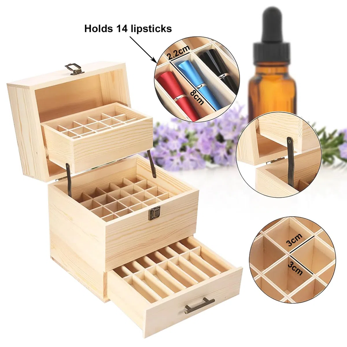 Rose Flower Caja de Almacenaje de Madera de Aceites Esenciales y Aromaterapia Contiene de 5 a 15 ml de Aceites Esenciales para Perfumes, Cosméticos, Joyas Esmaltes de Uñas Minerales 59 Ranuras