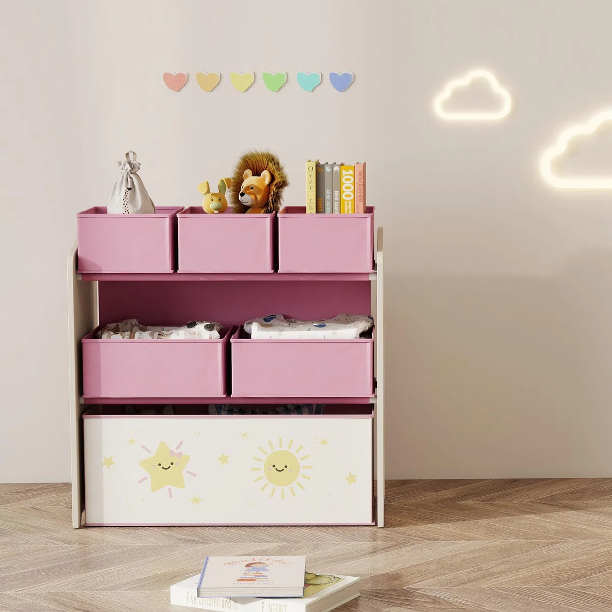 AIYAPLAY Estantería Infantil para Juguetes, con 6 Cajas Extraíbles de Tela no Tejida, Organizador de Juguetes de 3 Niveles, para Habitación Infantil, Sala de Juegos, Guardería, 63x30x66 cm, Rosa