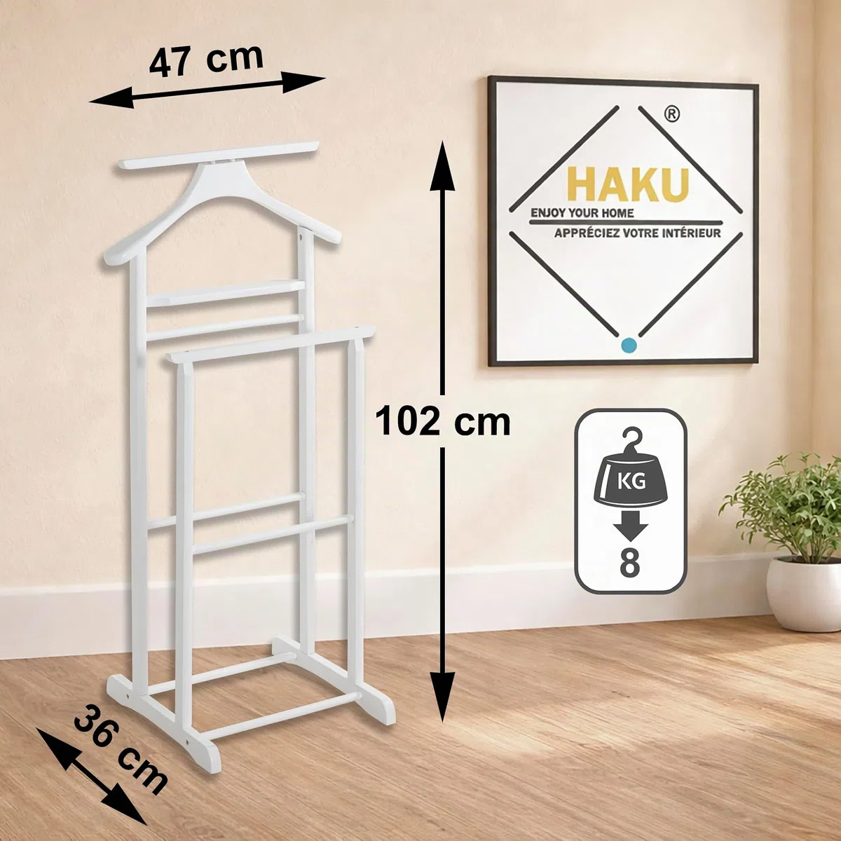HAKU galán de noche, galán de noche, perchero mudo, blanco, madera maciza - Medidas: Ancho 47 x Alto 102 x Profundidad 36 cm, Estilo: Tradicional