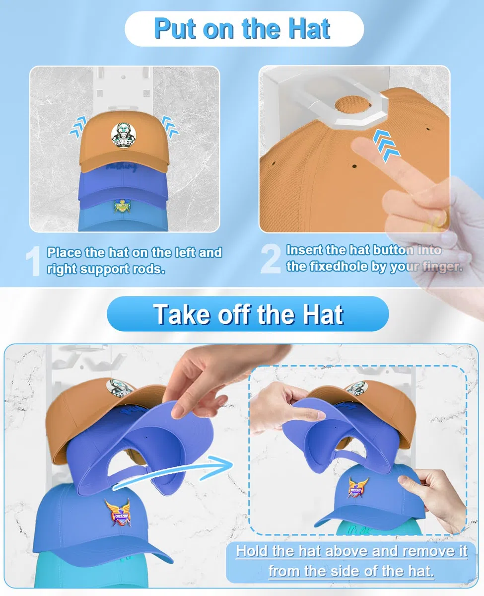 Eanyiikick Paquete de 2 organizadores de sombreros para gorras de béisbol, ganchos para sombreros para pared con capacidad para hasta 18 sombreros (blanco)