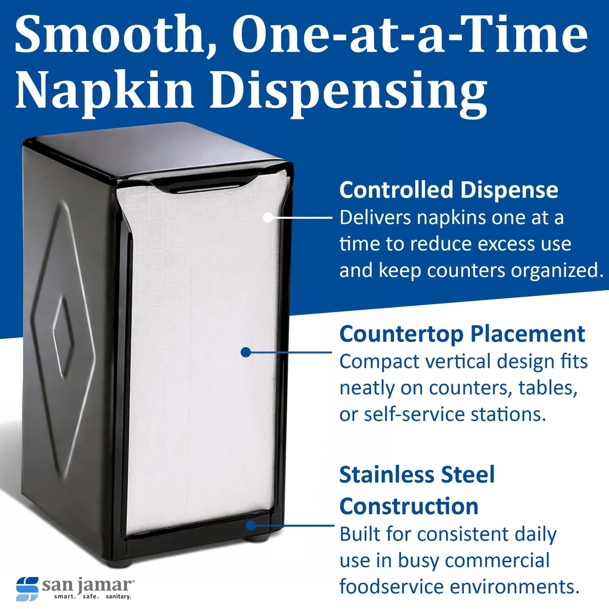 San Jamar Tabletop Napkin Dispenser, Tall Fold, 3-3/4 x 4 x 7-1/2, Capacity: 150, Black by San Jamar
