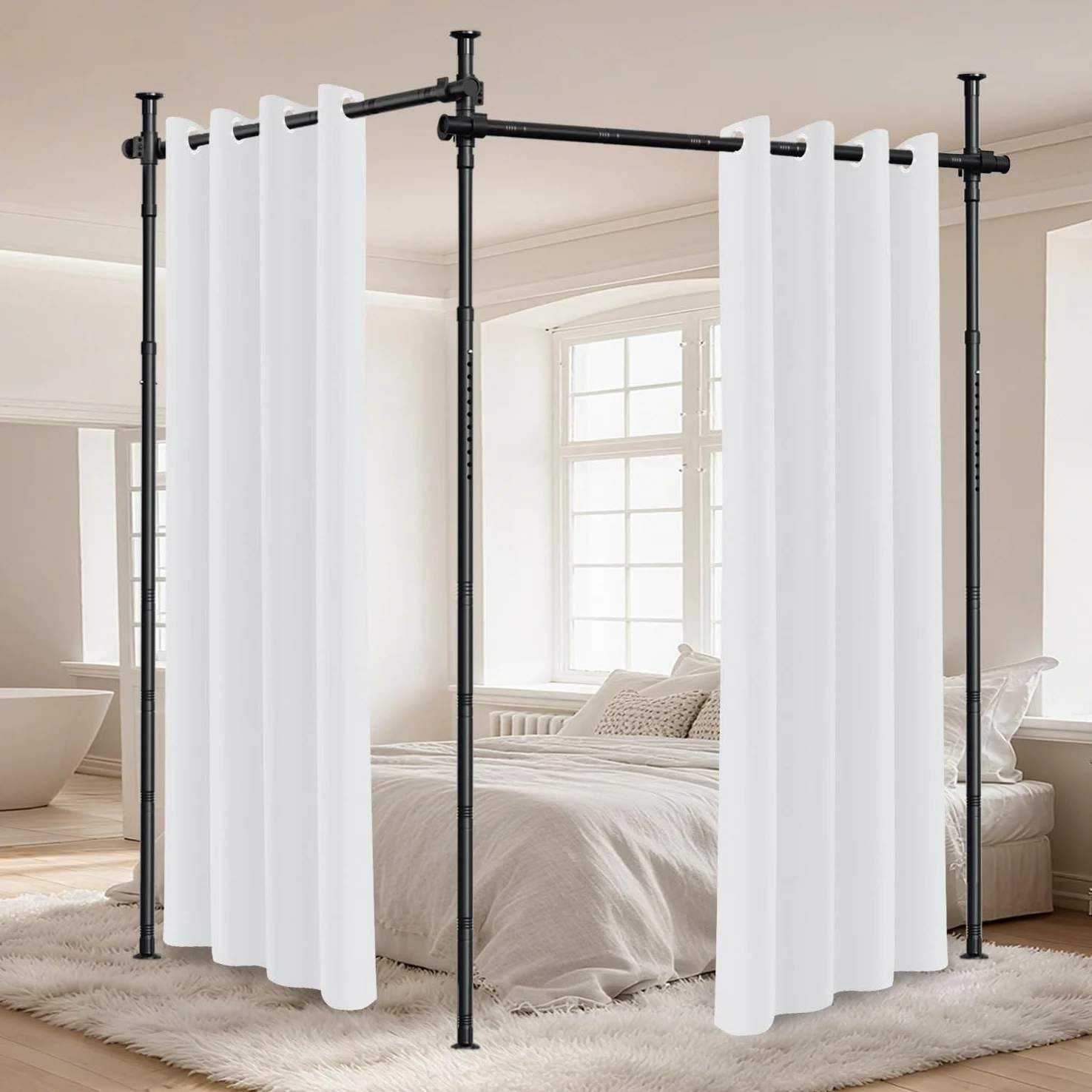 Separador de habitaciones sin taladrar, ancho 70-355 cm x alto 122-305 cm, sin cortina | Marco de biombo negro sin taladrar, independiente y ajustable para salón, dormitorio y oficina, sin cortina