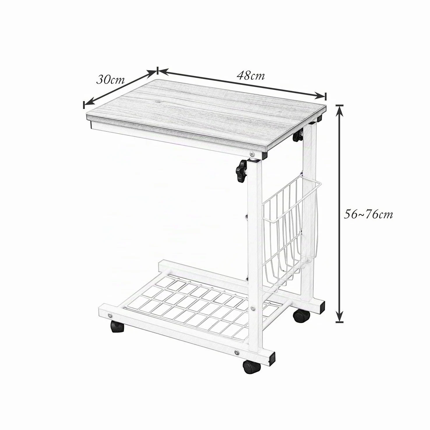 sogesfurniture Mesa de Ordenador Portatil Mesa Auxiliar con Ruedas, Altura Ajustable, Mesas de Centro Escritorio Compacta para Cama o Sofá, 48x30x56-76 cm, Negro BHEU-C6-BK