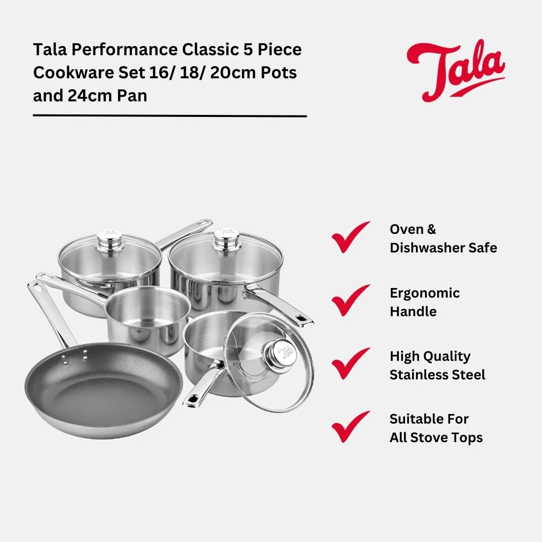 Tala Performance - Juego de utensilios de cocina de acero inoxidable de 5 piezas que contienen cacerolas con tapas de vidrio, 16, 18 y 20 cm, sartén de leche de 14 cm, sartén antiadherente de 24 cm