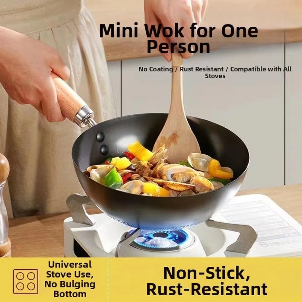 Wok de hierro sin revestimiento de 20 cm para cocina de inducción, sartén individual de estilo japonés con superficie y mango de agarre cómodo