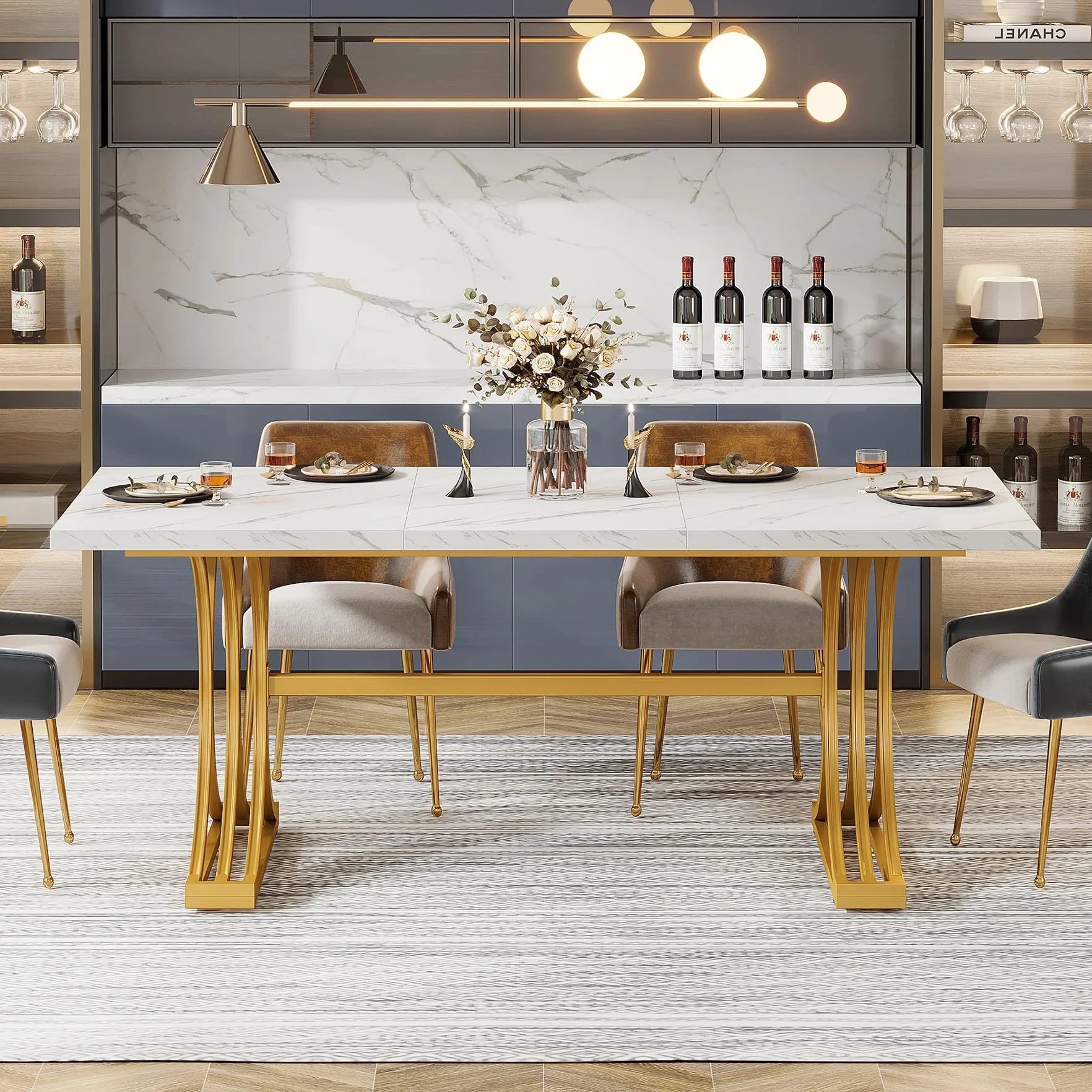 Tribesigns Mesa de comedor moderna de 160 x 80 cm para 4 – 6 personas, mesa de cocina con tablero de mármol sintético, marco de metal resistente, color blanco y dorado