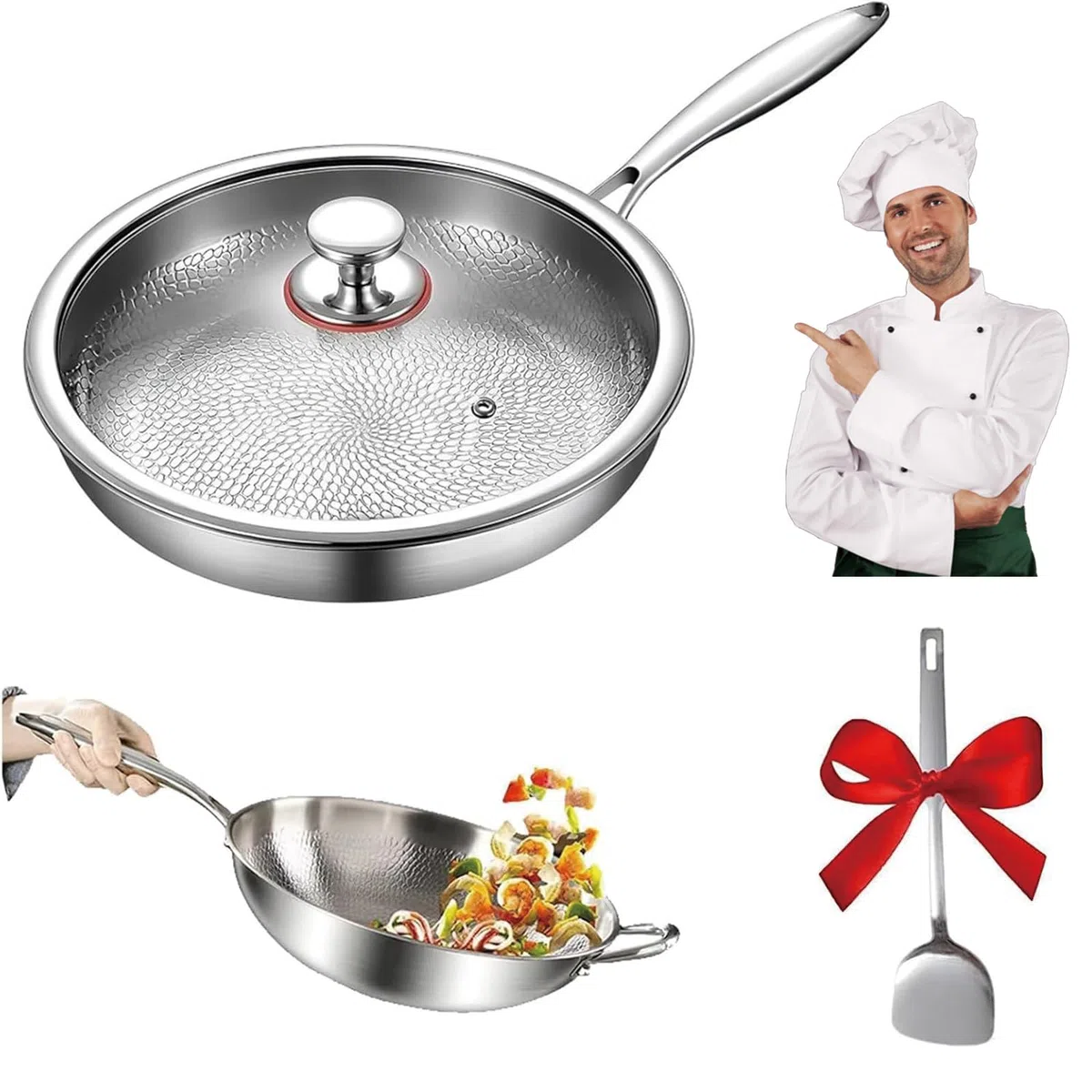Sartén de titanio puro, sartenes de titanio puro martillado para cocinar, resistente a los arañazos, antiadherente, apta para lavavajillas, sartén martillada con tapa, compatible con todas las placas