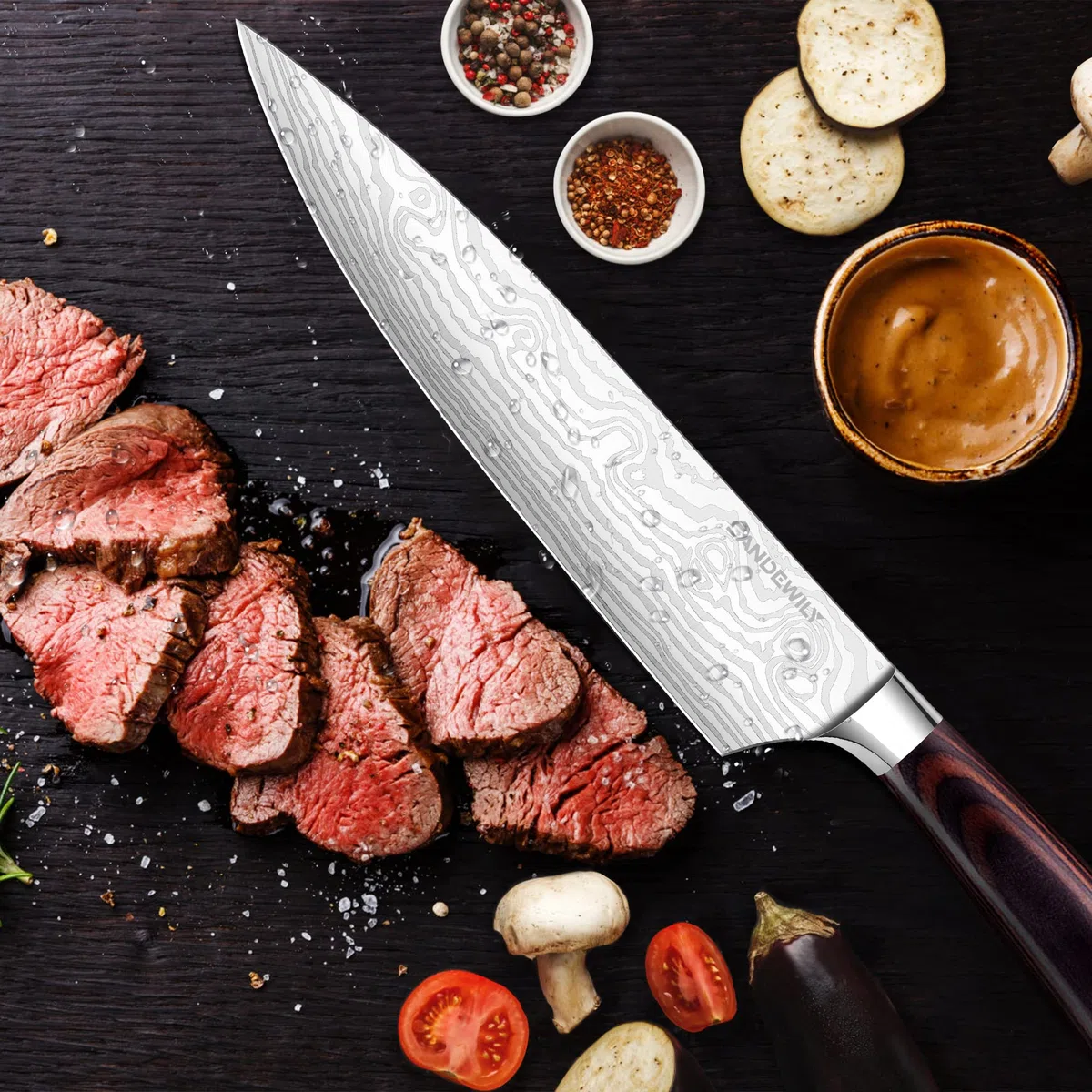 Juego de 5 cuchillos de cocina profesionales de acero inoxidable japonés de alto carbono ultra afilados con vainas, mango ergonómico, cortador multifuncional y cuchillos en caja de regalo, plateado