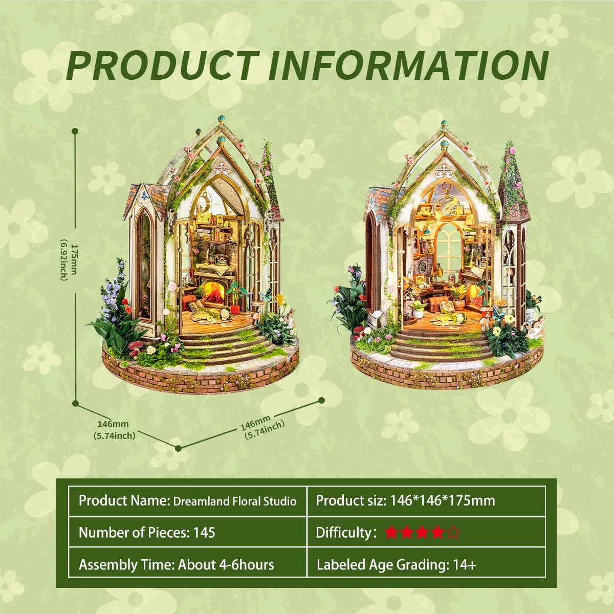 Dreamland Floral Studio - Rincón de libros de bricolaje, kit de casa gótica en miniatura con luces LED, juego de construcción de sujetalibros decorativo para decoración de estanterías, regalo único de