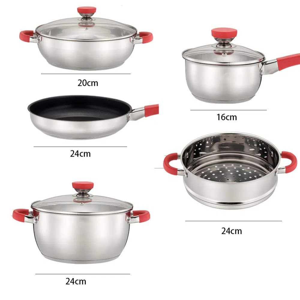 Juego de cacerolas, juego de ollas de 4 piezas, utensilios de cocina de acero inoxidable, con tapa de vidrio templado, mango cómodo, olla antiadherente, apto para cocina de inducción de gas, material