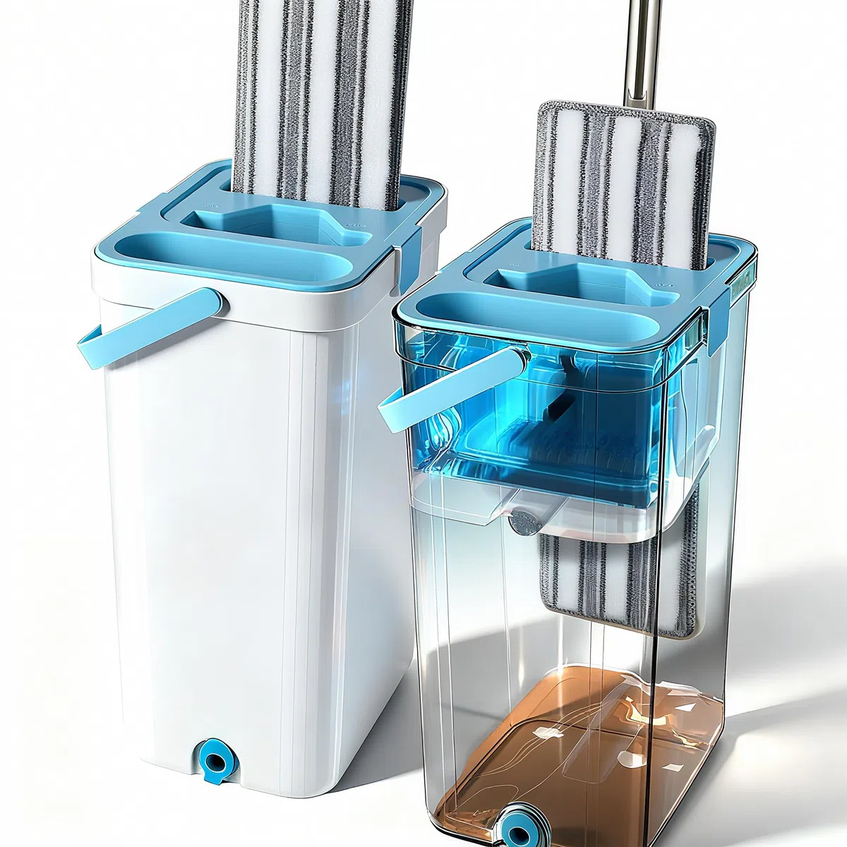 Juego de fregona y cubo con escurridor, fregona plana manos libres y cubo con 2 almohadillas reutilizables y mango de acero inoxidable 2 en 1, escurridor de cubos domésticos para uso húmedo y seco