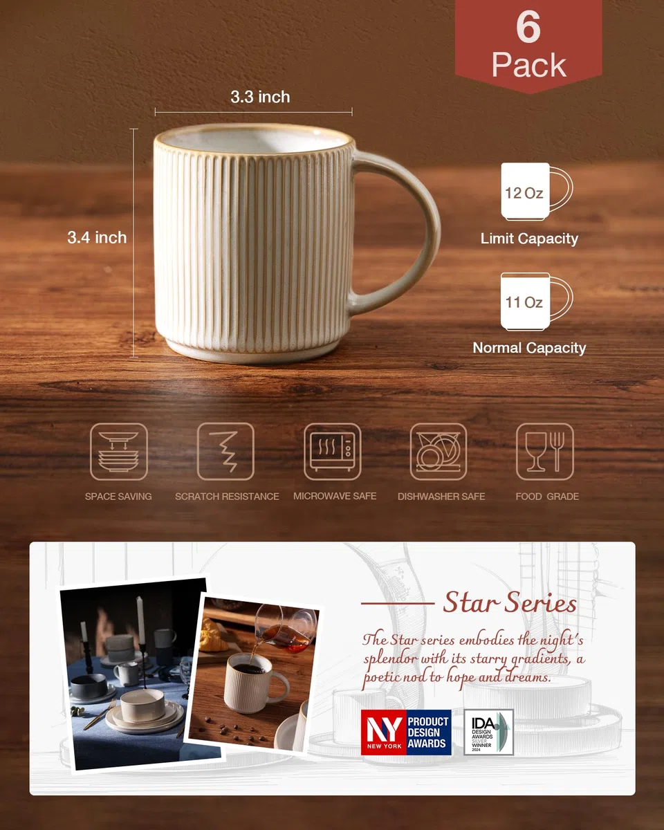 famiware Juego de tazas de café para 6, tazas de catering de 12 onzas con asa para café, té, cacao, leche, capuchino blanco