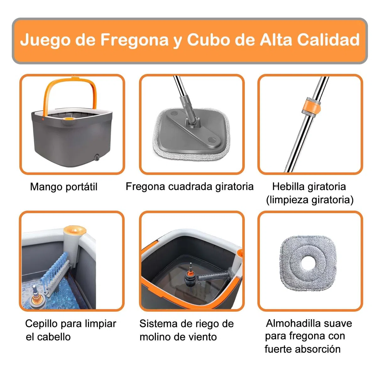 Juego de Fregona Giratoria y Cubeta con 6 Almohadillas de Reemplazables de Microfibra con Sistema de Separación Automática de Agua Sucia y Limpia Cabeza de Fregona Giratoria Autoescurrido