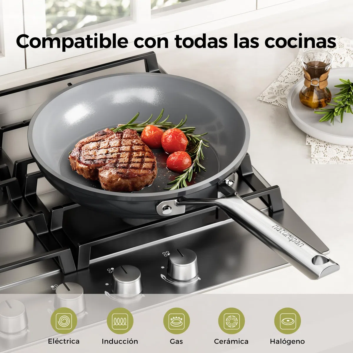 DiamondTitan Set 3 Sartenes Cerámicas (20+24+28 cm), Antiadherente para Todas Cocinas, Sin PTFE PFAS PFOA, Aptas para Horno, Lavavajillas con Mango que Permanece Frío (Gris)