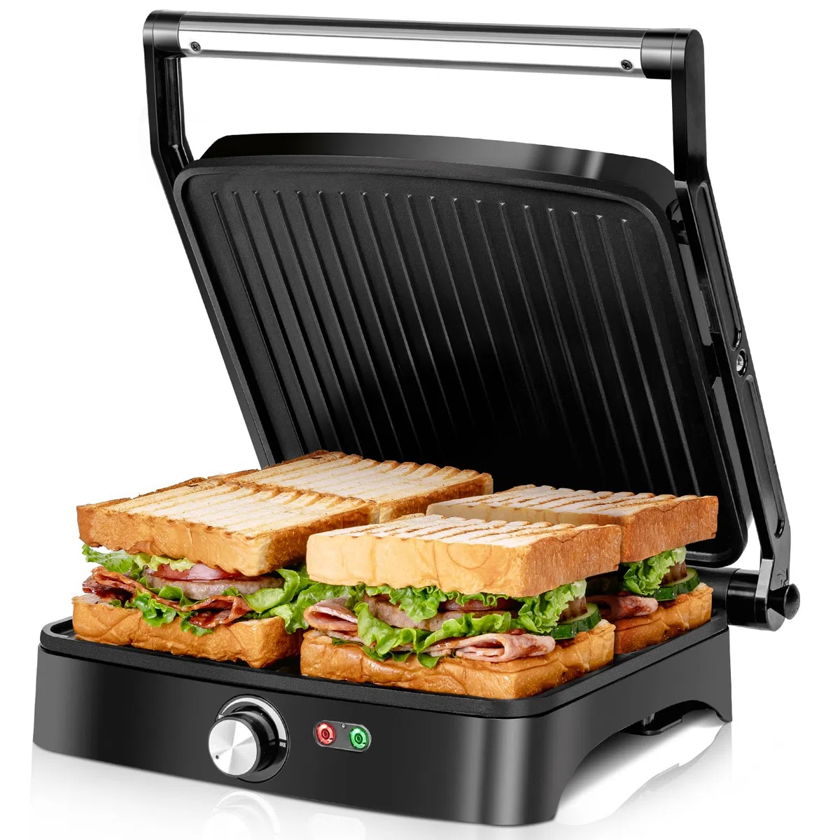 Aigostar Calore Parrilla Eléctrica 1800W, Grill Electrico con Revestimiento Antiadherente, Sandwichera con Regulador de Temperatura, Apertura 180º, Placa Superior Flotante, Libre de BPA