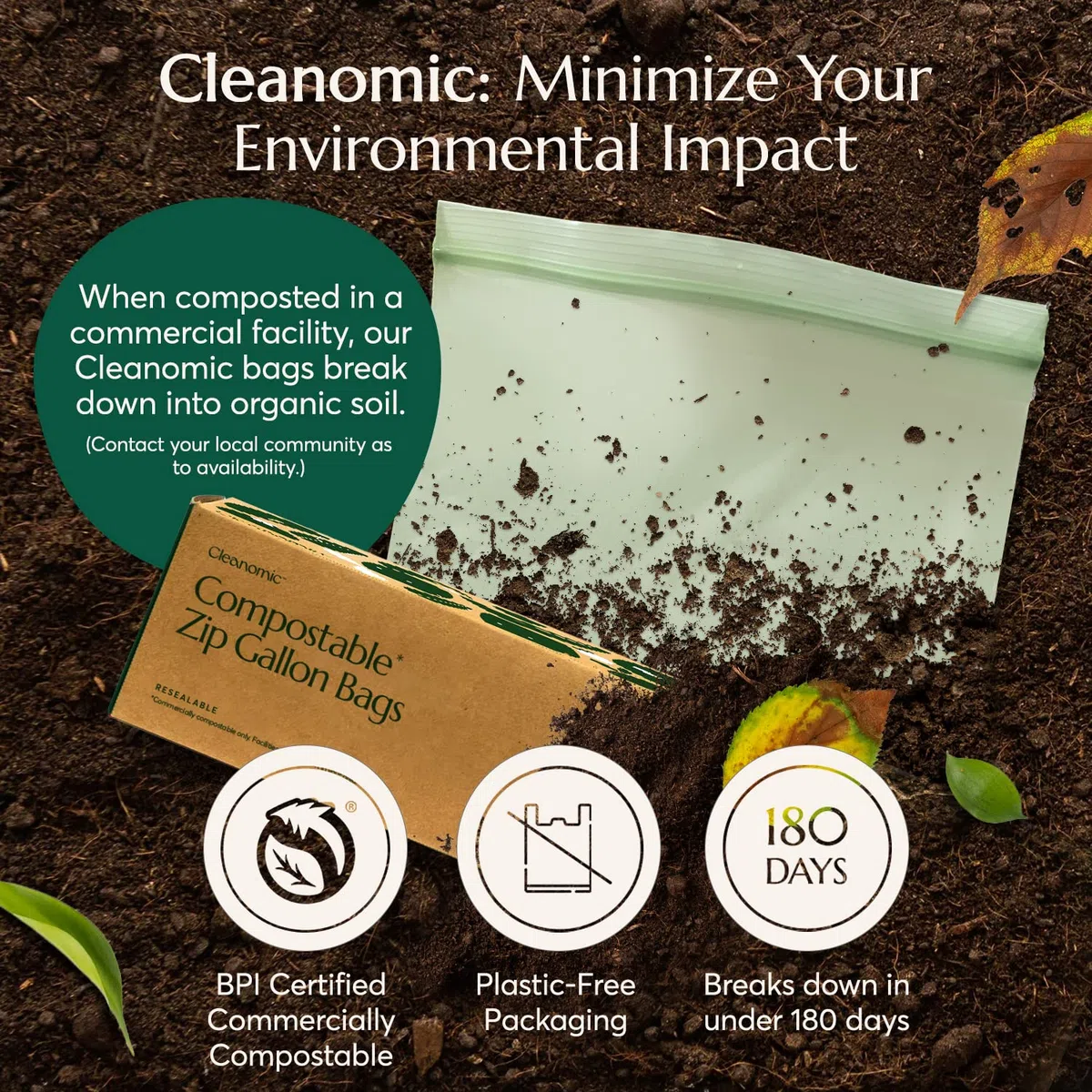 Cleanomic Bolsas compostables de almacenamiento de alimentos de tamaño galón (25 cremalleras ecológicas) a prueba de congelador y fugas, también disponibles bolsas de cuarto de galón, aperitivos y
