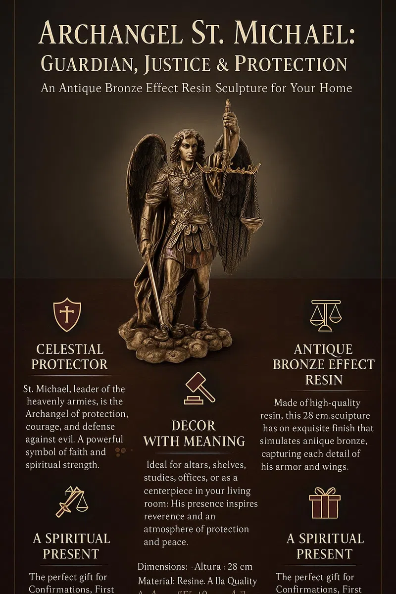 Figura Decorativa Religiosa, Arcangel San Miguel con Espada y Balanza, Resina Efecto Bronce Antiguo, Escultura Angeles Guardianes, 28 cm