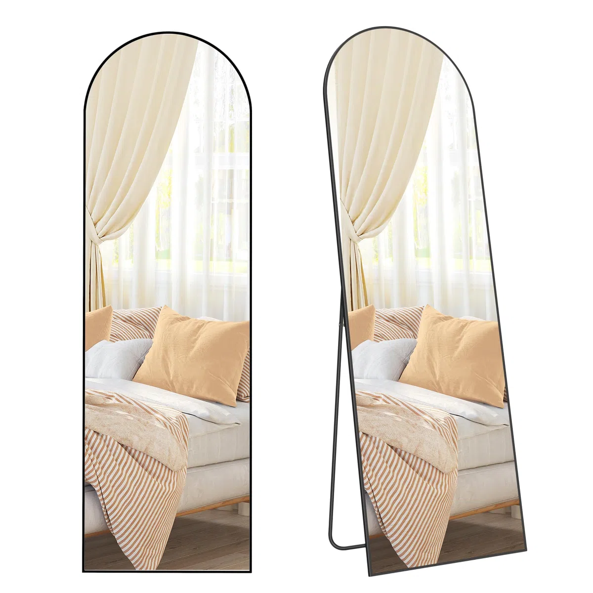 SONGMICS Espejo de Cuerpo Entero, 160 x 50 cm, Espejo Arqueado con Soporte, con Marco de Aleación de Aluminio, Cristal Templado, para Dormitorio, Salón, Vestuario, Navidad, Negro Tinta LFM031B01