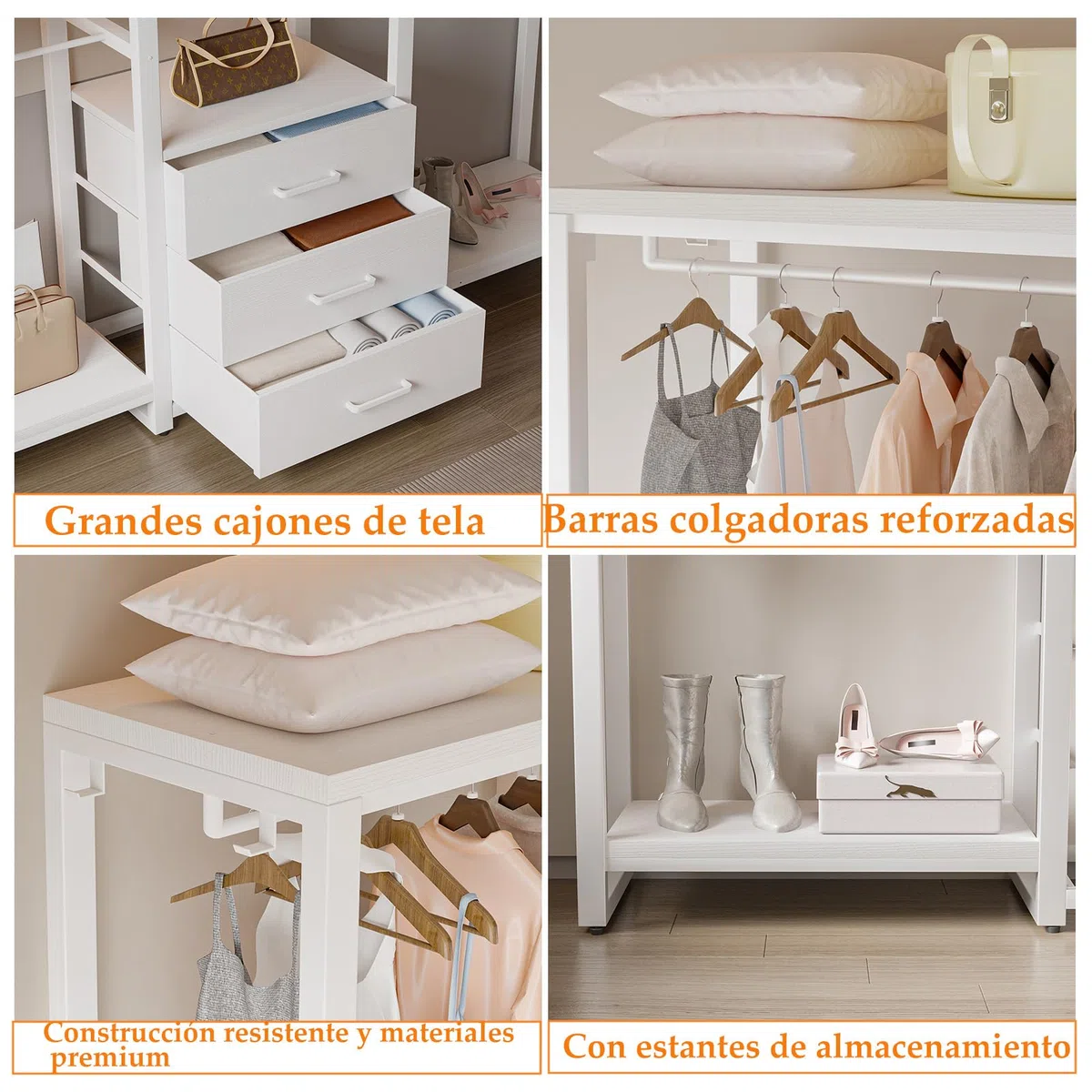 Homieasy Armario Abierto Con 5 Barras Y 3 Cajones De Tela | Estructura De Metal Y Paneles De Madera, Capacidad De Carga Hasta 450 Kg, Para Dormitorio, Vestidor O Pasillo