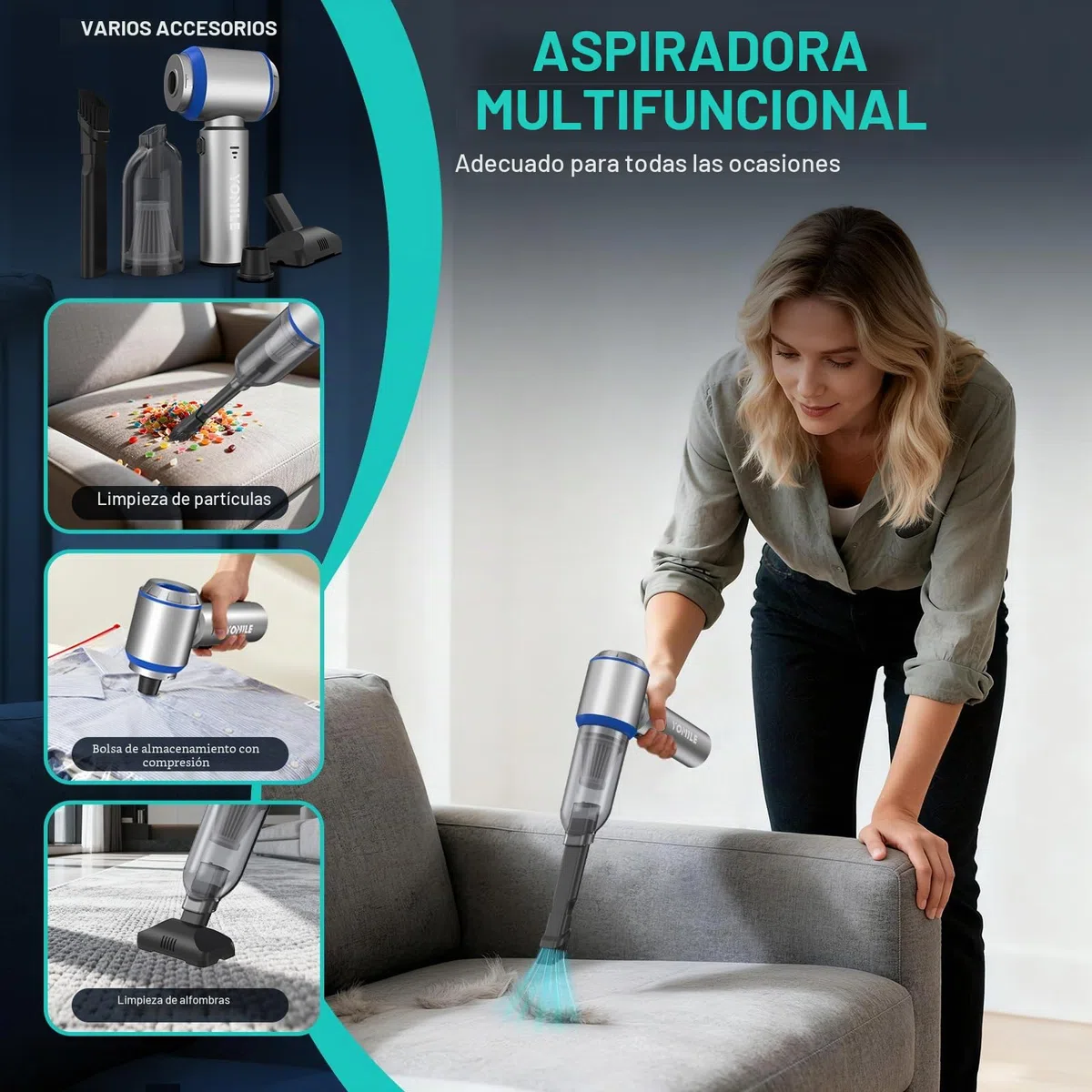 Yomile Aspirador de Mano, 27000Pa/120W, Aspiradora sin Cable Coche 4 en 1, Aspiradoras de Mano con Motor sin Escobillas de 250.000 RPM, para Coche/para Uso en la Oficina/la Cocina (L-us)