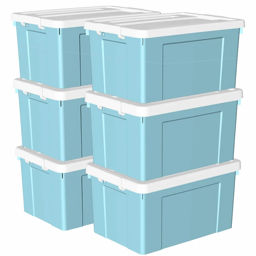 Cetomo 90L*6 Caja de Almacenamiento con Ruedas, Caja de Plástico con Tapa y Cierre Seguro, Contenedor de Almacenamiento Grande, Duradera, Apilable, Resistentes, Azul, Paquete de 6 de 90L
