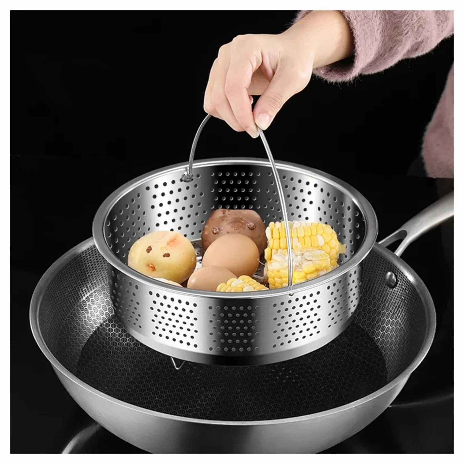Vaporera de Acero Inoxidable Cesta de Vapor de Acero Inoxidable con Mango de Silicona for Olla a presión arrocera, Rejilla de Vapor, escurridor, Utensilios de Cocina(22cm)