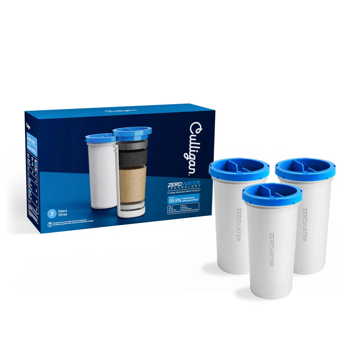 Culligan Filtro de repuesto con tecnología ZeroWater, paquete de 3, filtro de agua avanzado de 5 etapas, certificado IAPMO para reducir el plomo, PFAS total (Forever Chemicals), mercurio, fluoruro y