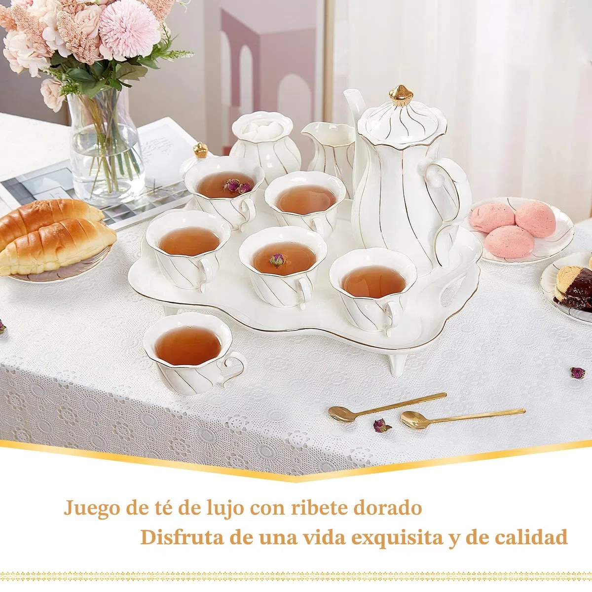 DUJUST Juego de 14 piezas de té con bandeja de té y cucharas, juego de tazas de té y café con diseño de diamante moderno con adornos dorados, decoración de sala de estar de porcelana