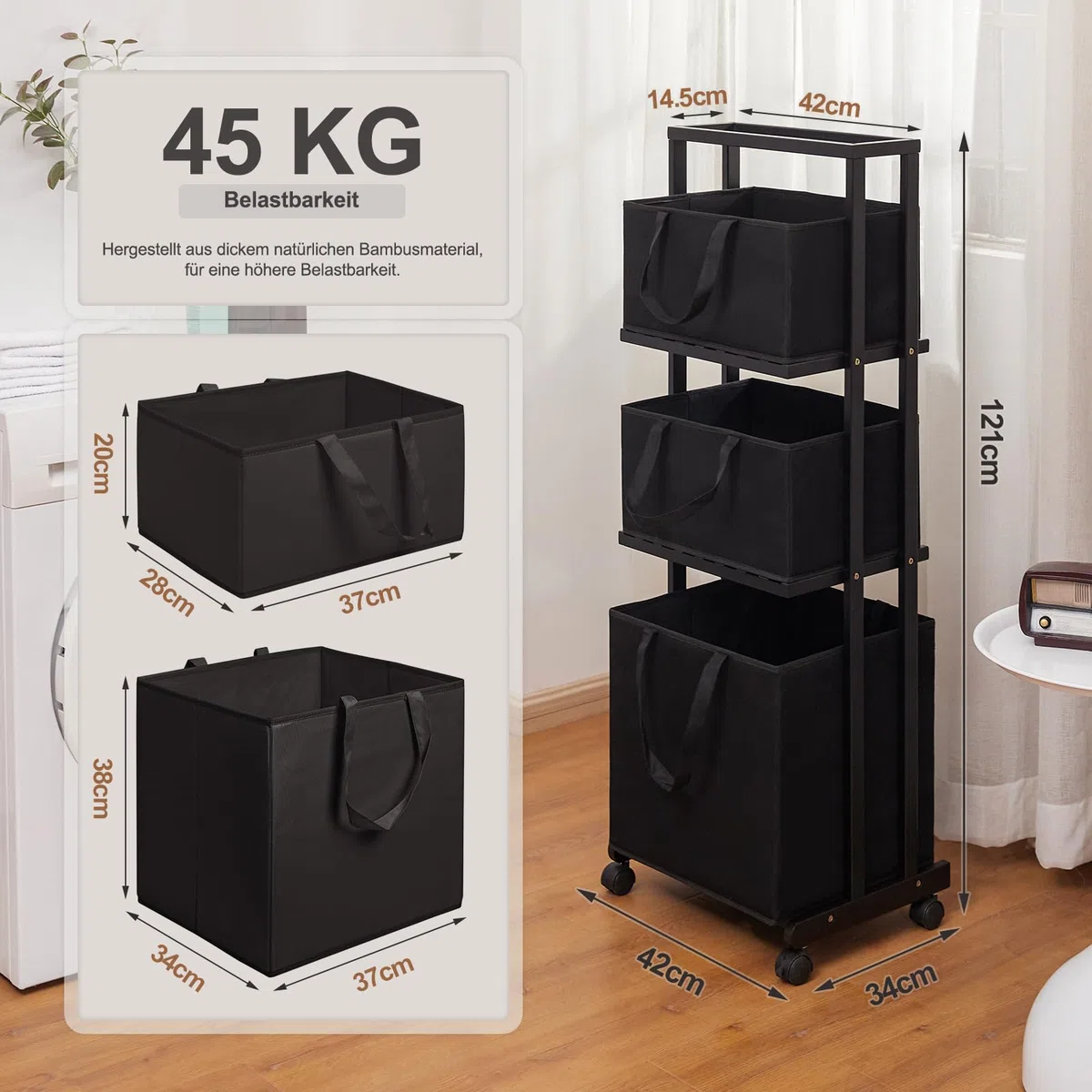 Yorbay Cestos para la Colada，Estantería de Baño en Bambú con Ruedas, 121x42x34cm, Para Ropa Sucia, Armario con Cesta para Organización de Colada (Negro)