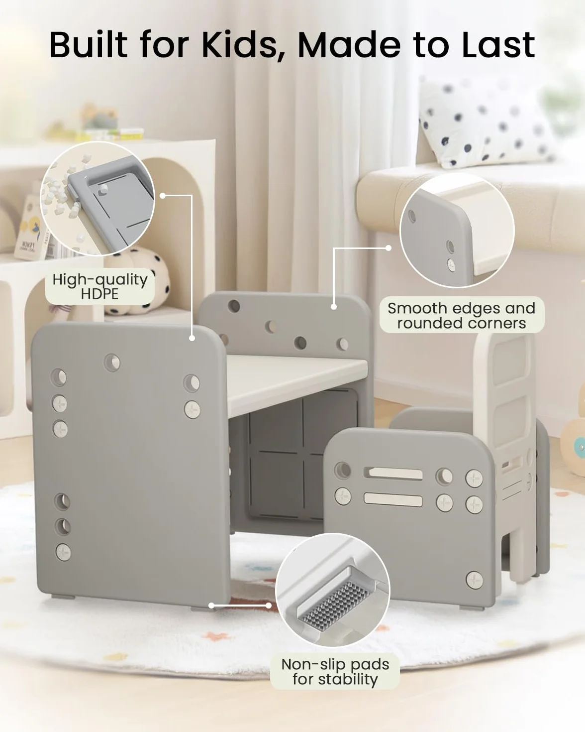 Mesa y Silla para Niños, Mesa de Actividades con Superficie Inclinada para Dibujar, Leer, Escribir y Jugar(Gris)