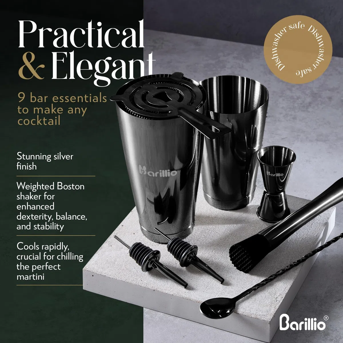 Barillio Black Boston - Juego de coctelera de acero inoxidable con peso para coctelera Martini con colador y mezclador, kit de barman de mixología, juego de bar para el hogar, juego de coctelera de 9