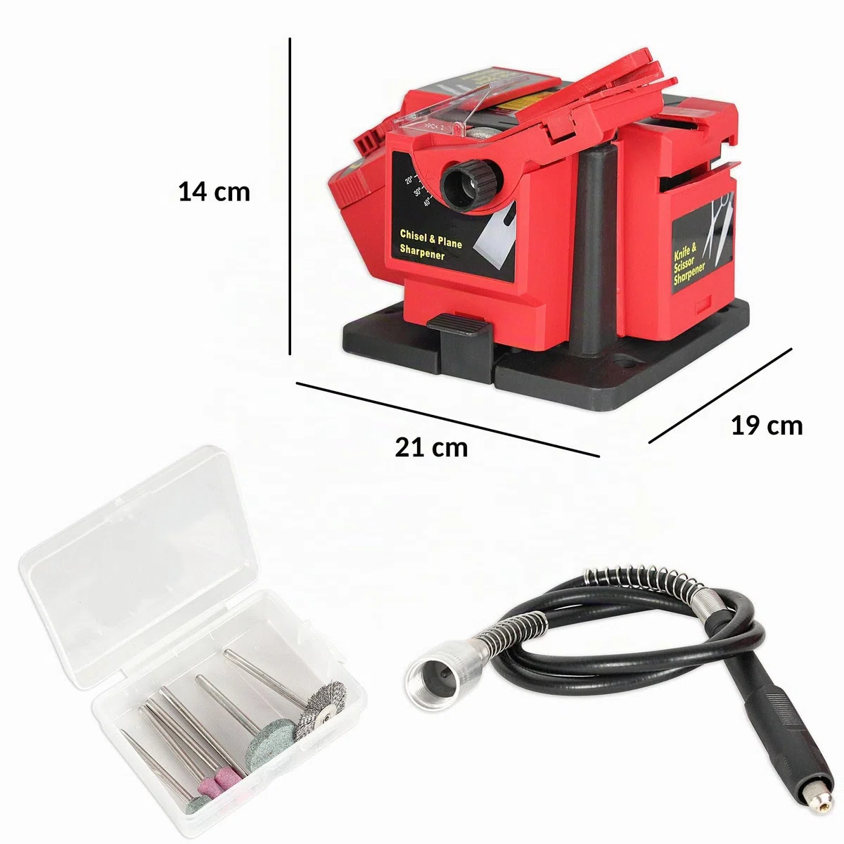 Afilador Universal Multifunción 65W : Cuchillos, Tijeras, Brocas, Cinceles - Amoladora Eléctrica - Eje Flexible incluido para grabados, pulidos + Caja 6 Herramientas