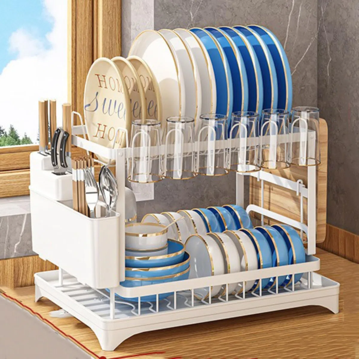 Escurreplatos Acero Inoxidable Cocina, Multifunción Escurridor De Platos Desmontable De 2 Niveles, Escurridor de Platos para Fregadero con Bandejas de Goteo,Soporte de Cubiertos Soporte de Vaso