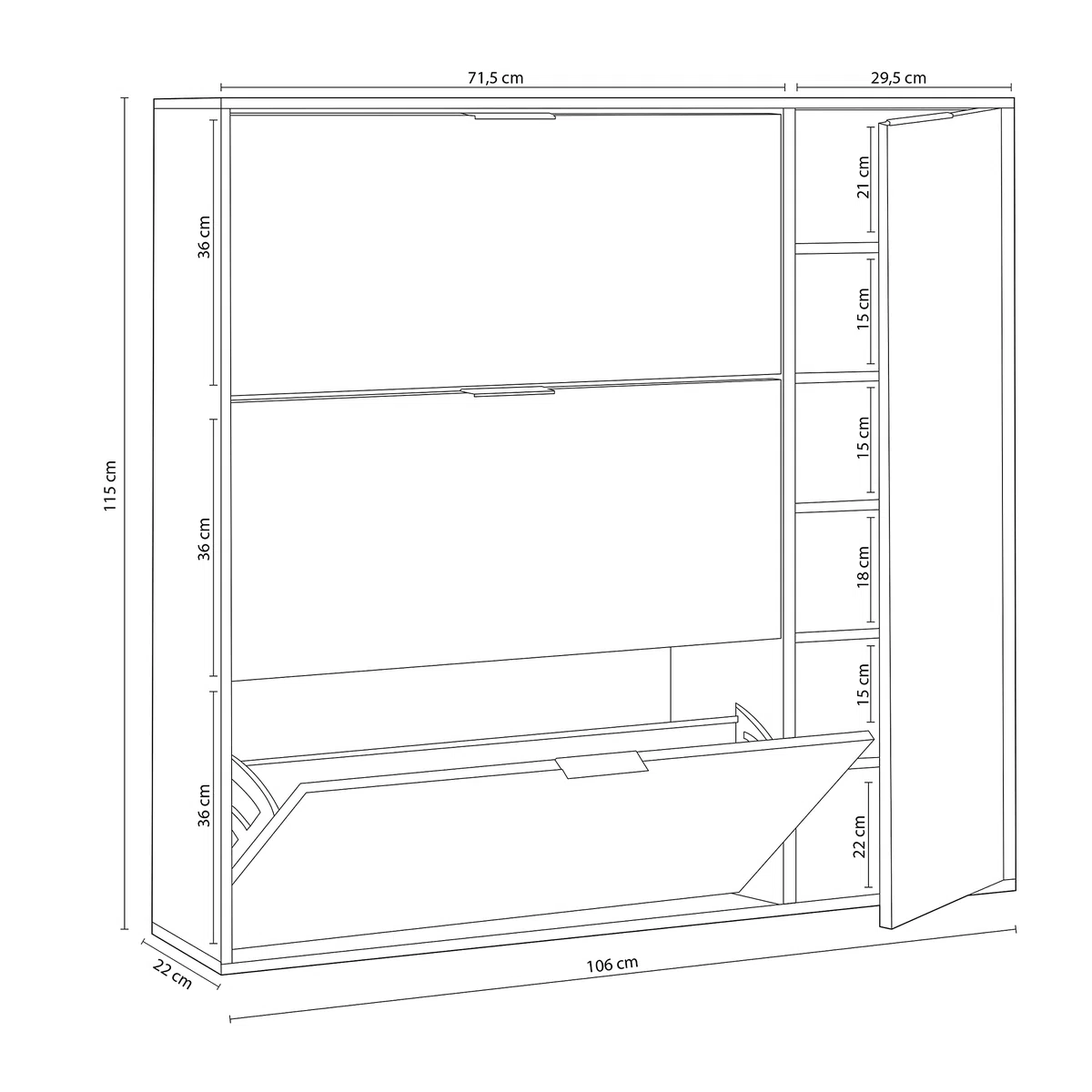 duehome | Mueble Zapatero 4 Puertas, Modelo Eris, Acabado en Roble Canadian y Blanco Artik, Medidas: 106 cm (Ancho) x 115 cm (Alto) x 22 cm (Fondo)