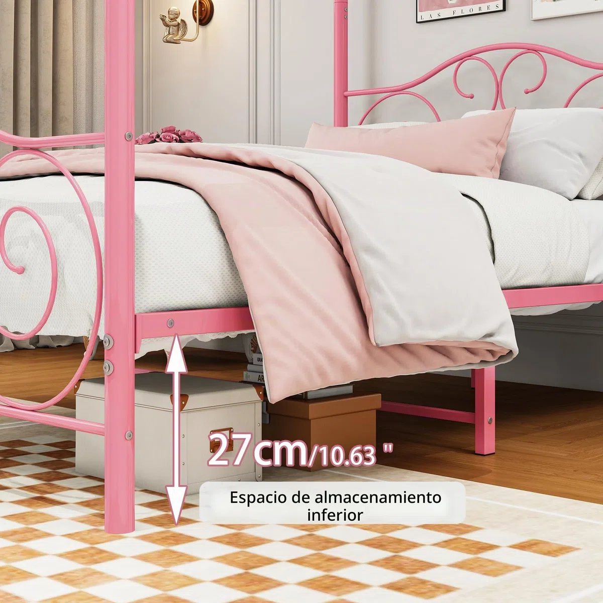 Marco de cama con dosel 140 x 200 cm, metal resistente, listones y soportes de acero, sin muelles, color rosa