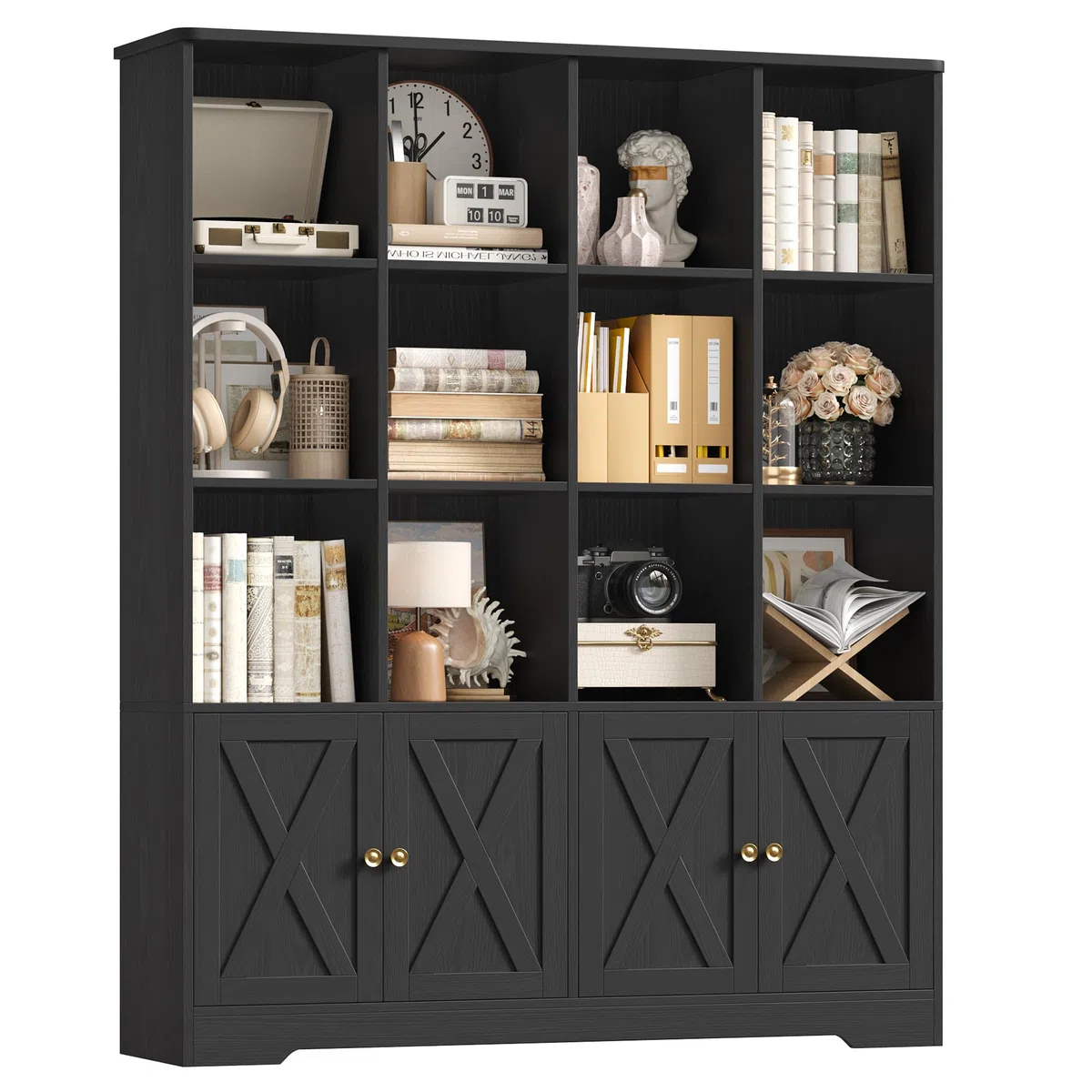 FirFurd 145cm Librería con 4 Puertas y 12 Compartimientos, Librería Salón | Estantería con Puertas, Estantería Libros, Estanterías Almacenaje, para Salón Estudio Oficina Dormitorio Negro 121x30x145cm