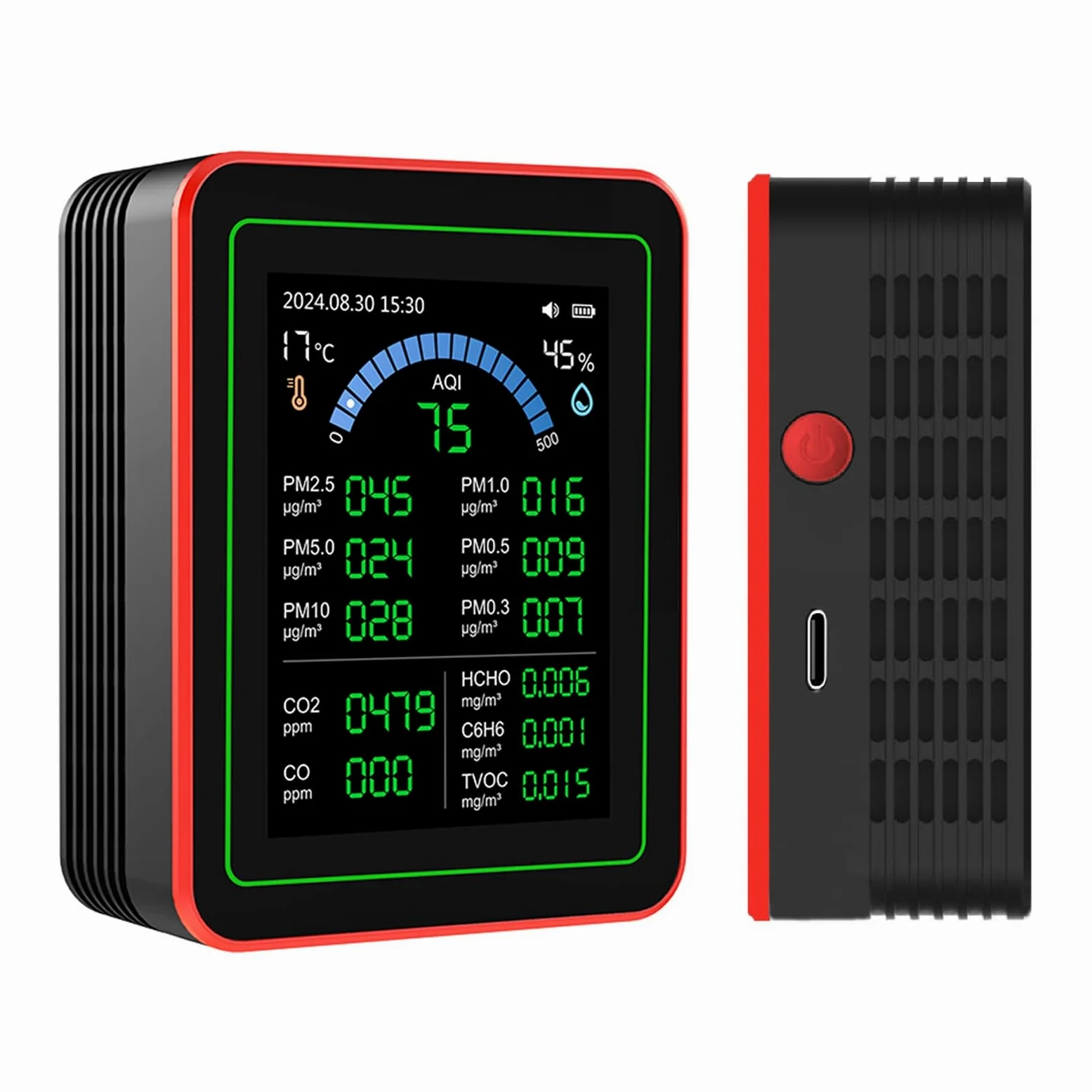 Medidor de Calidad del Aire Portátil, 18 en 1 CO2 TVOC HCHO PM2.5 PM10 Probador de Almacenamiento de Datos de Batería Interior de la Batería Negro, para el Hogar, la Oficina, el | Medidor de Calidad del Aire 18 en 1, Detector de CO2, TVOC, HCHO, PM2.5 y P