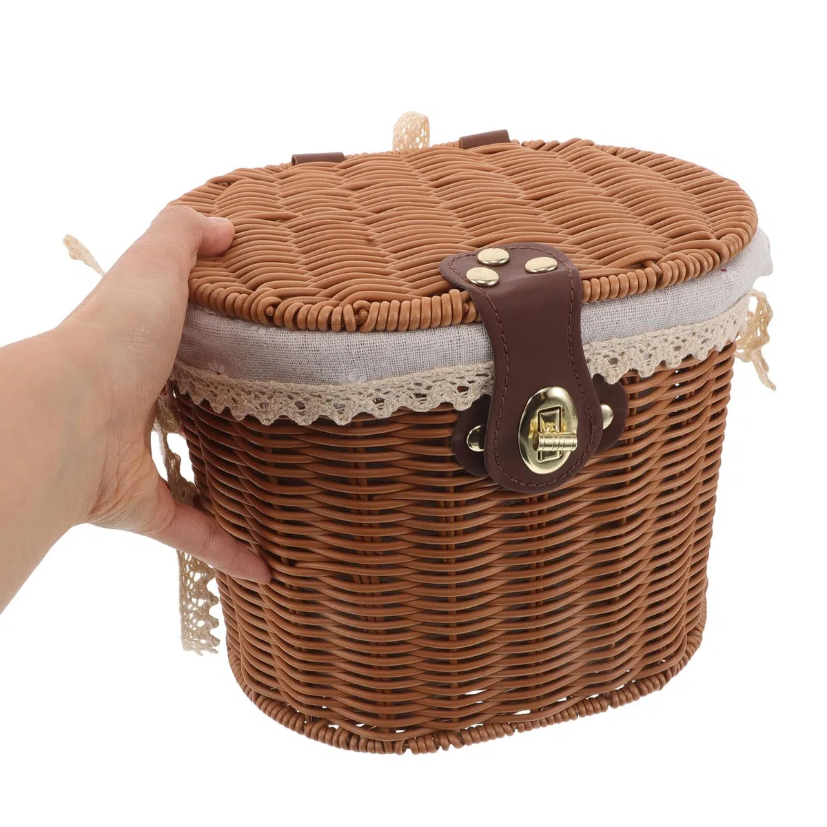 PRETYZOOM Cesta Tejida a Mano Pequeña con Tapa y Asas Forro de Tela Interior Cesta Decorativa Multiusos para Almacenamiento y Picnic y Cocina Estilo Rústico Natural