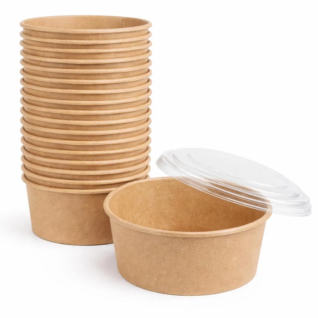 200 Ensaladeras Kraft 750 ml con Tapa PET Transparente, Envases Resistentes para Ensaladas, Pasta y Take Away, Aptas para Microondas