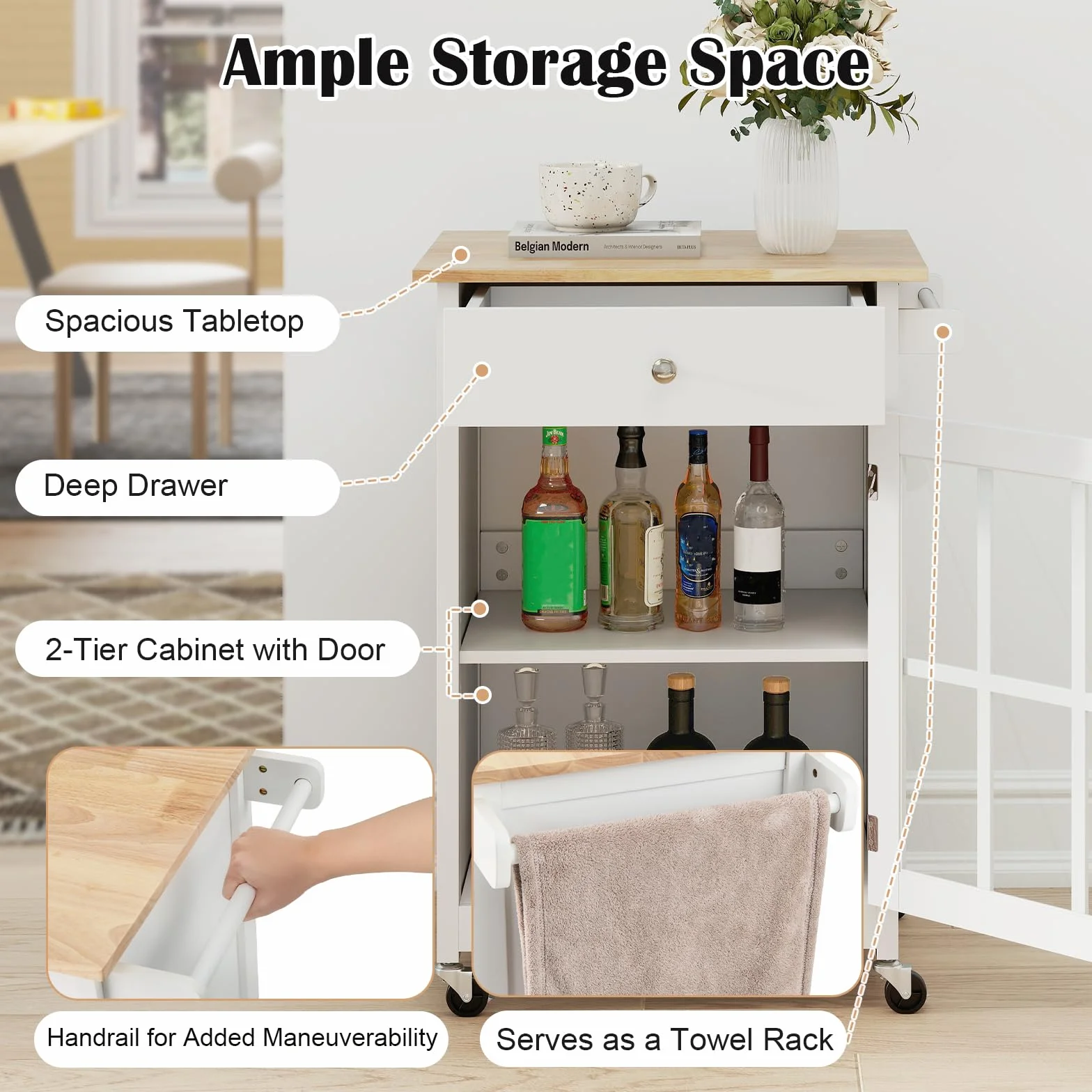 KOMFOTTEU Carrito de Cocina con Ruedas, Carro de Servicio con Cajón, Puerta de Vidrio Templado, Toallero, Tablero de Madera de Caucho, Mesa de Bar Móvil con Estante Ajustable para Salón
