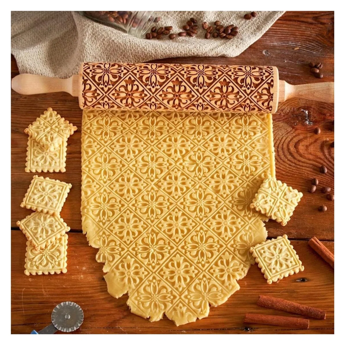 Rodillo de amasar, Rodillo de madera con relieve navideño 35 cm for hornear galletas