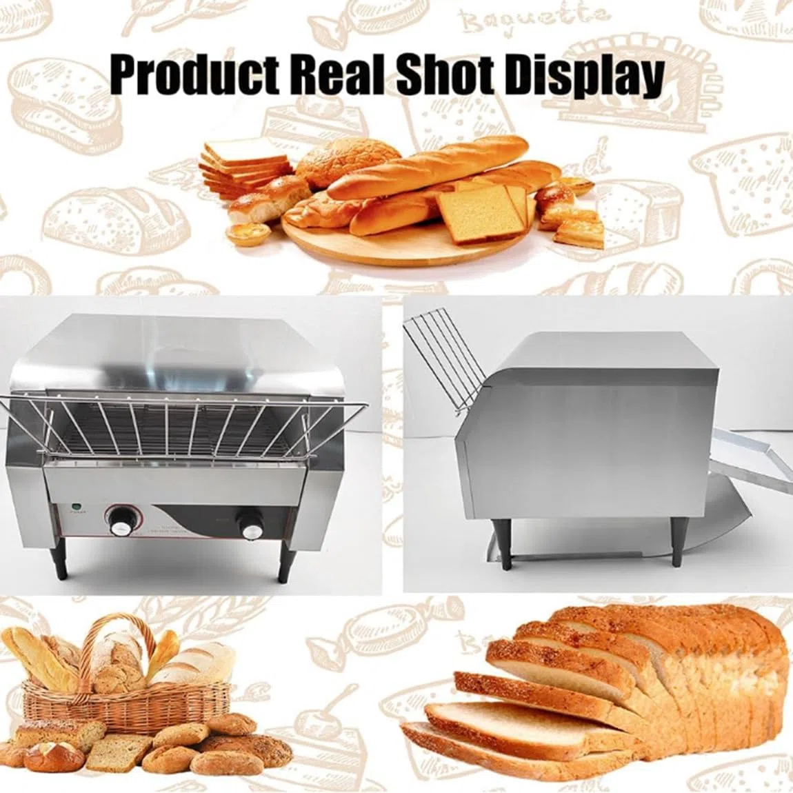 Tostadora de cinta transportadora comercial Tostadora de cinta transportadora para catering Máquina de pan eléctrica de 2240 W 150/300/450 piezas/h Horno tostador automático Control,300