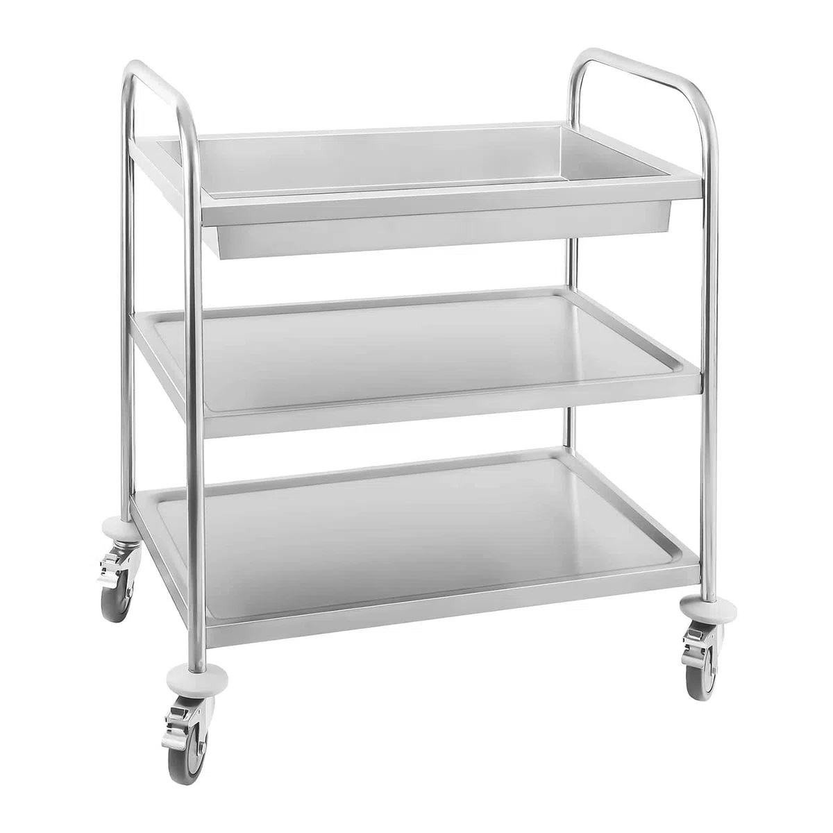 Royal Catering RCGW 1 Carro Cocina Carrito de Servicio con ruedas (2 estantes y 1 bandeja de recogida, Capacidad de Carga 150 kg, Distancia entre las Bandejas 27,5 cm) Acero Inox