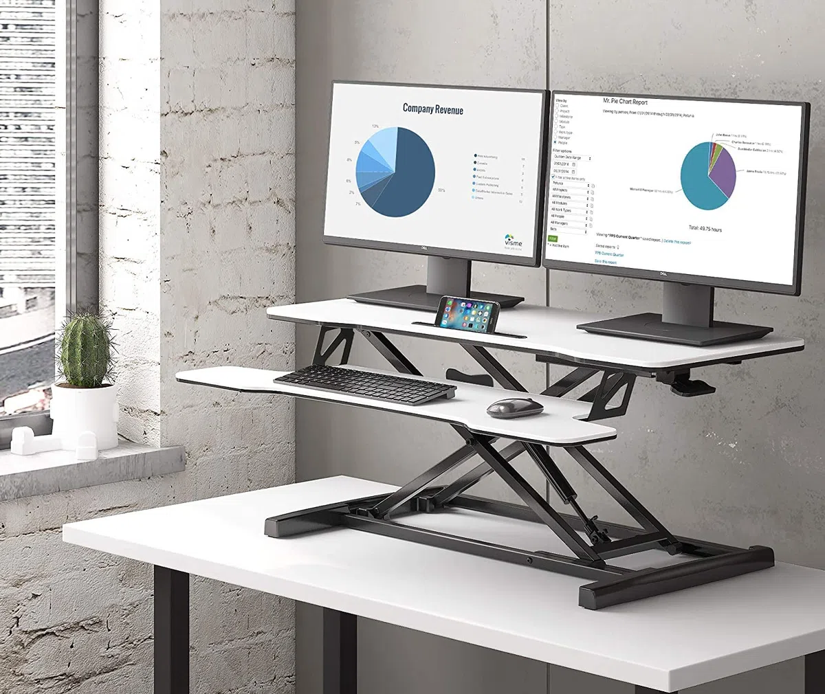 FITUEYES Standing Desk Converter Grande 36''/91.5cm Convertidor de Escritorio de Pie para Doble Monitor Altura Ajustable con Bandeja de Teclado Profunda y Soporte para Teléfono (Blanco)