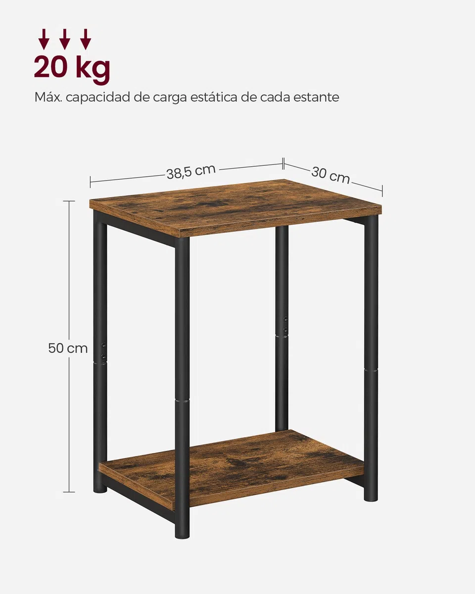 VASAGLE Juego de 2, Mesa de Sofá, Mesa Auxiliar de 2 Niveles, Mesita de Noche con Marco de Acero, para Salón, Dormitorio, Estudio, Marrón Rústico y Negro Tinta LET272B01