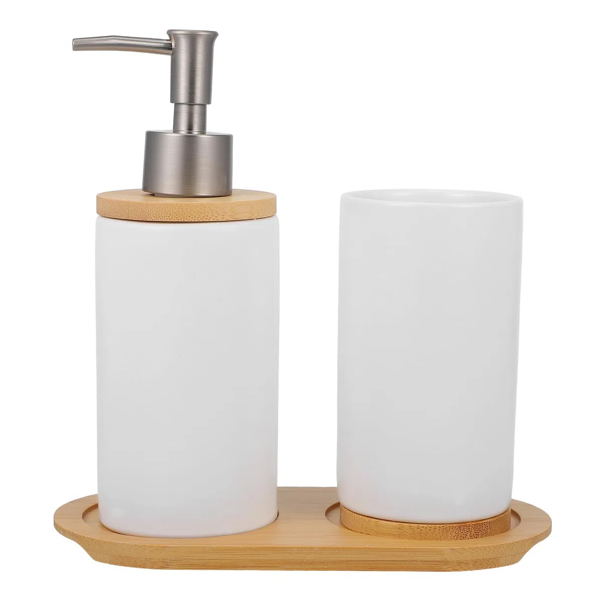 Garneck Conjunto de Accesorios de Baño en Cerámica de Color Claro Dispensador Manual de Loción y Vaso para Cepillo de Dientes, Diseño Sencillo y Práctico para Baño Familiar