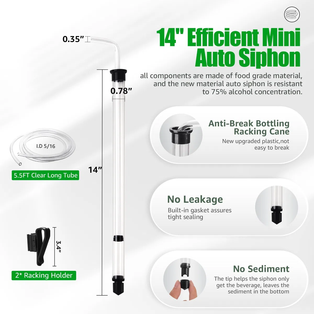 Sifón automático de 14 pulgadas con varilla de embotellado de 3/8 pulgadas, sifón automático para cerveza y vino, sifón automático con tubo de silicona de 5.5 pies y abrazadera, embotellado sin