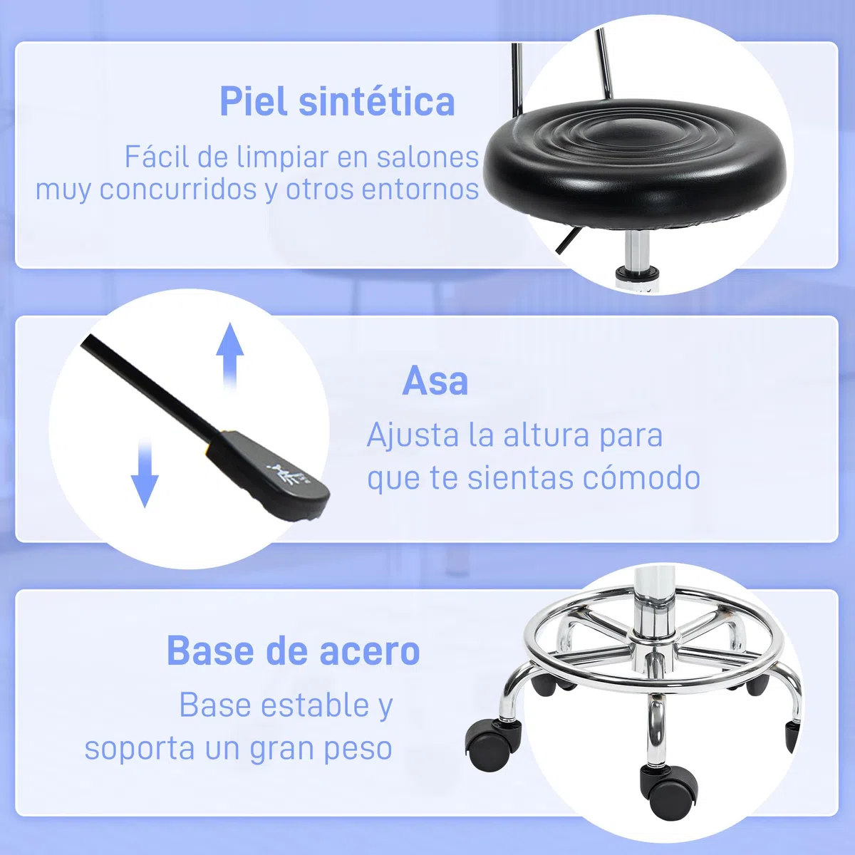 HOMCOM Taburete Giratorio con Ruedas y Respaldo Taburete de Trabajo con Altura Regulable 70-86 cm Asiento Tapizado de Cuero Sintético Negro